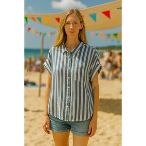 Lola River Womens Large Blouse Top Blue White Linen Blend Vacation Coastal Party